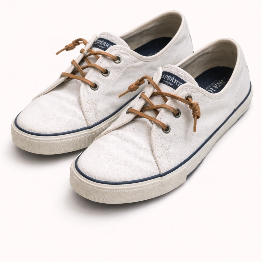 Sperry White Canvas Boat Sneakers Tan Leather Laces Women’s Size 10M EUC